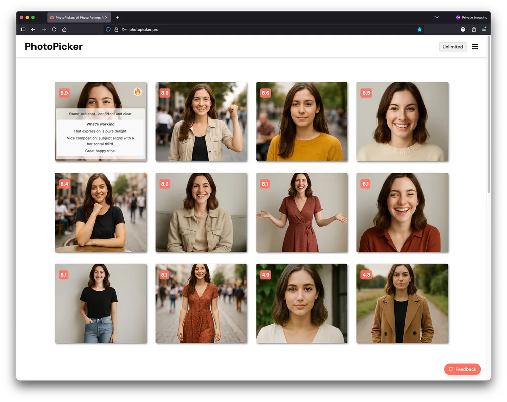 Example of PhotoPicker photo scores and written feedback